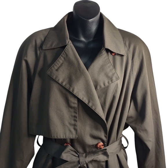 Brem Rainwear Trench Coat Women's Green Double Breasted Belt Bank Vent Sz 10 - Picture 3 of 11